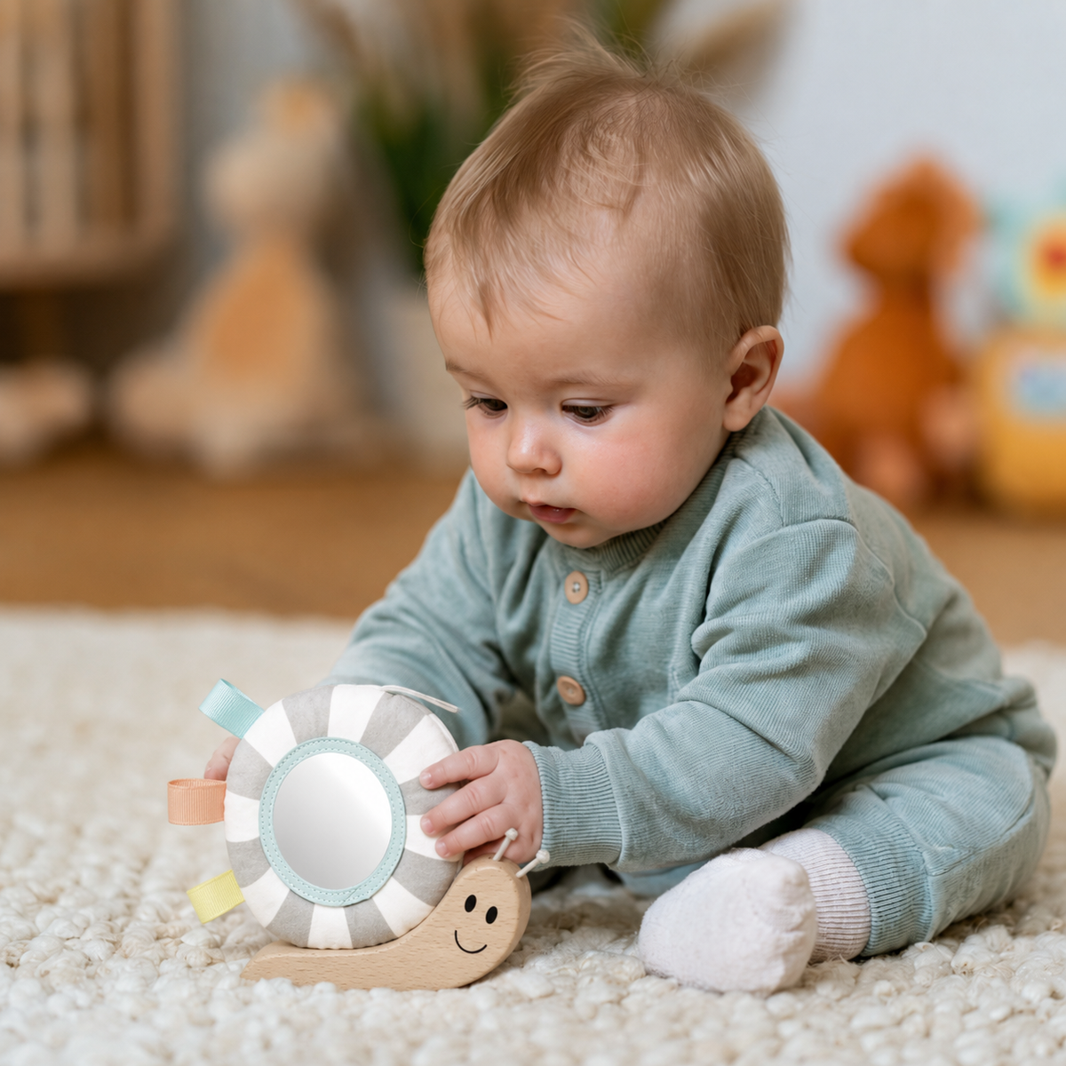 Hape Polžek z ogledalom in ropotuljico – obesek za voziček