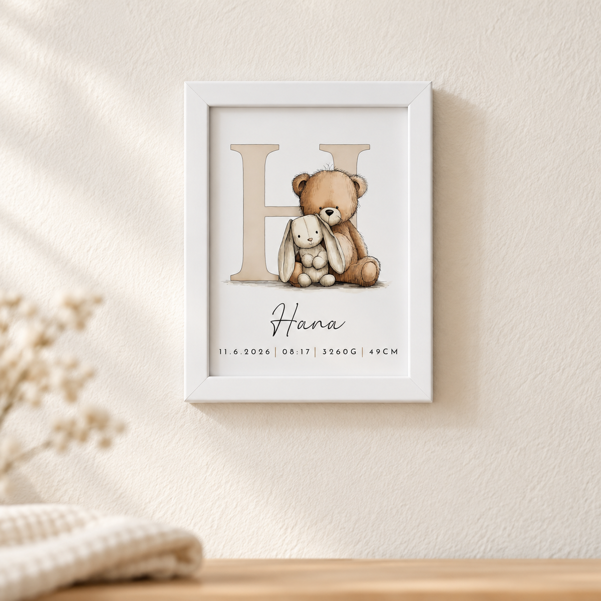 Grafika z rojstnimi podatki – medo abeceda (bež)