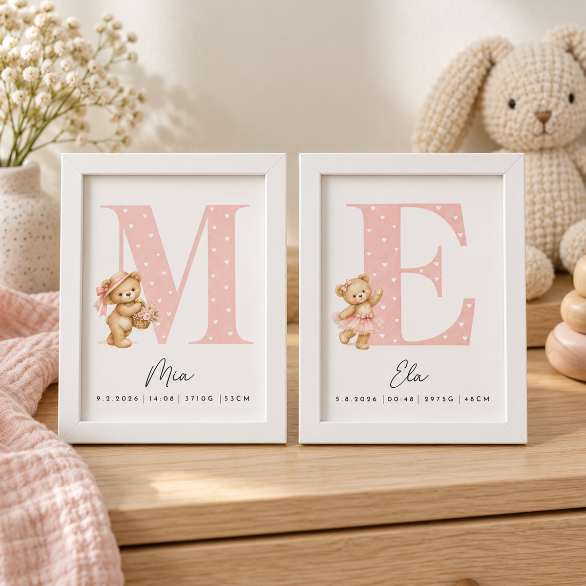 Grafika z rojstnimi podatki – medo abeceda (roza)