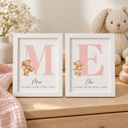 Grafika z rojstnimi podatki – medo abeceda (roza)
