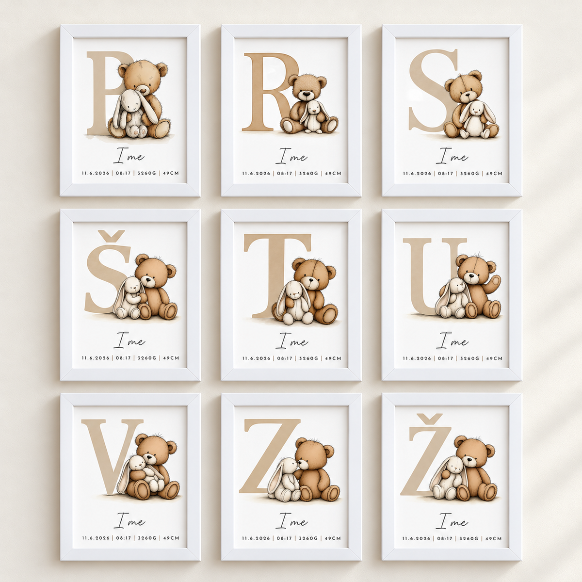 Grafika z rojstnimi podatki – medo abeceda (bež)