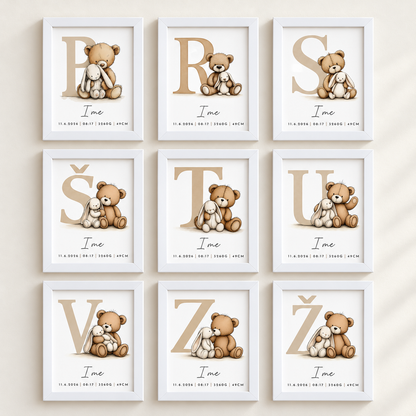 Grafika z rojstnimi podatki – medo abeceda (bež)