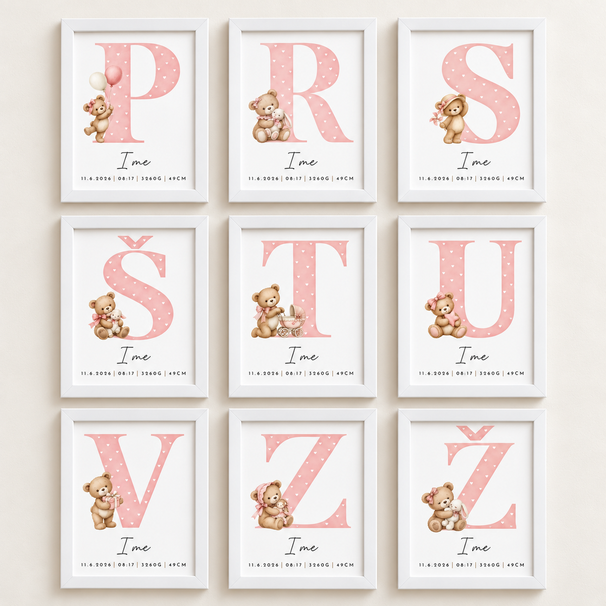 Grafika z rojstnimi podatki – medo abeceda (roza)