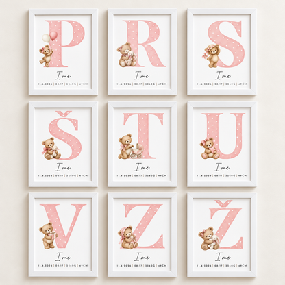 Grafika z rojstnimi podatki – medo abeceda (roza)