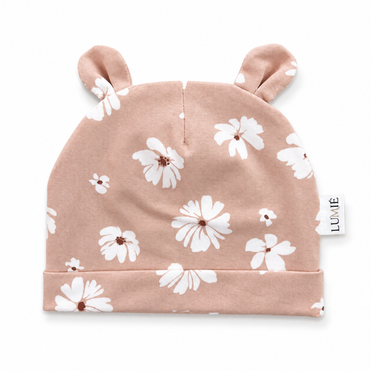 Otroška kapa z ušeski LUMIÉ - soft pink rožice