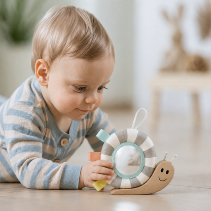 Hape Polžek z ogledalom in ropotuljico – obesek za voziček