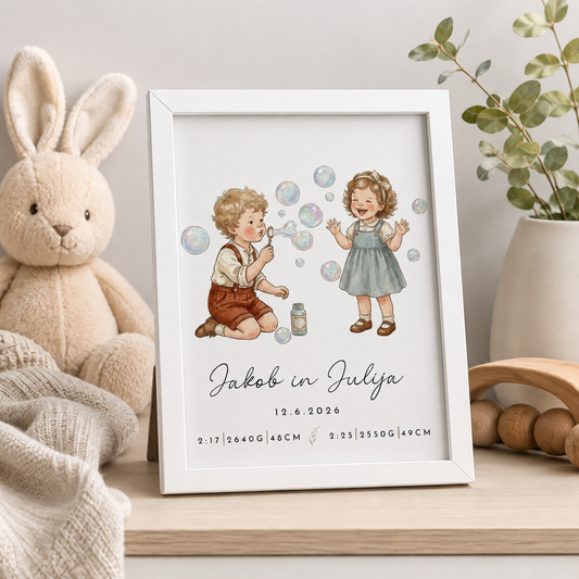 Grafika z rojstnimi podatki za dvojčka –  deček in deklica
